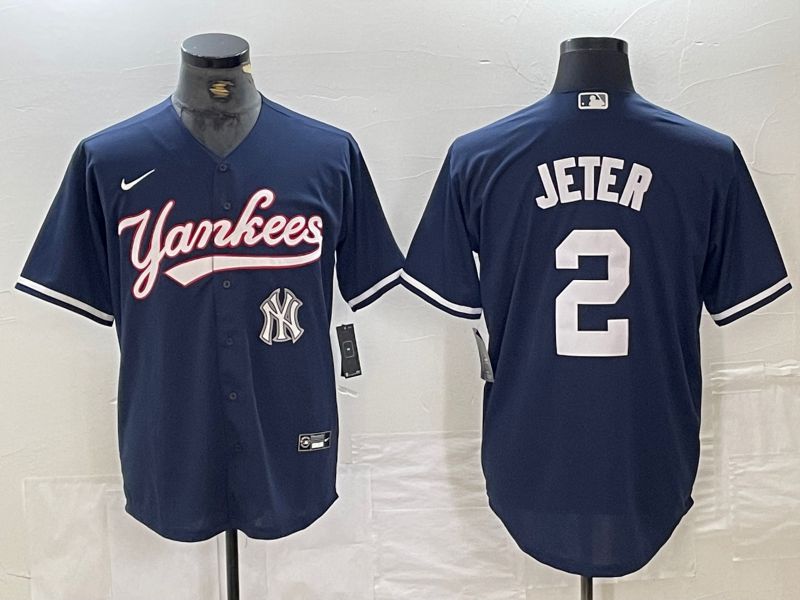 Men New York Yankees #2 Jeter Dark blue Second generation joint name Nike 2024 MLB Jersey style 3
